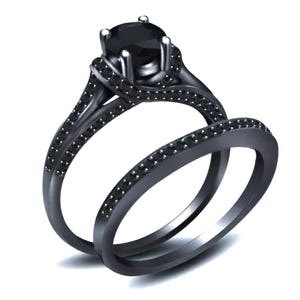 Round Cut Black Diamond Engagement Ring Set, 925 Sterling Silver Bridal Ring, Black Diamond Ring, Wedding Ring Set Gift for Her
