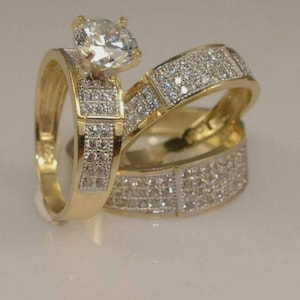 14k Yellow Gold Plated Trio Ring Set, UNISEX Trio Ring Set, Round Cut Diamond His & Her Trio Set, Bridal Wedding Ring Trio Set