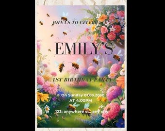 Op de afbeelding: Een kleurrijke uitnodiging voor Emily's 1e verjaardagsfeestje. Het ontwerp toont bijen, bloemen en de tekst "Doe met ons mee om te vieren". Datum, tijd en adres zijn inbegrepen.