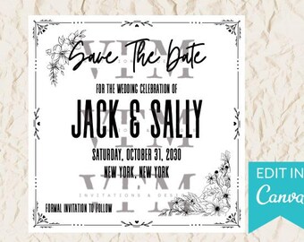 Puede incluir: Una invitación de boda en blanco y negro con el texto "Save The Date" en una fuente cursiva. La invitación incluye los nombres "Jack & Sally", la fecha y el lugar. También hay adornos florales y un botón "Edit in Canva".