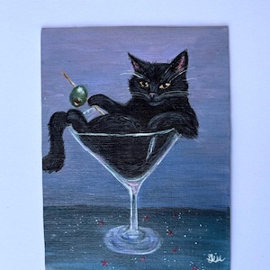 Meowtini - Oryginalny obraz - Brudny Martini - Czarny kot - Malowany ręcznie - Prezent na dekorację ścienną - Ręcznie robiony - Zabawna sztuka kota z alkoholem
