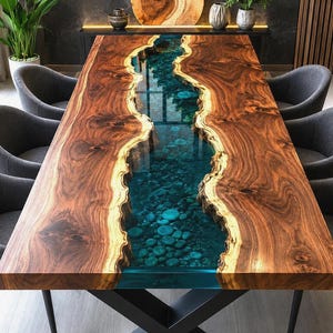 Custom Live Edge Walnut Resin River Table Top, Transparent Blue Epoxy River Dining Table, River Stone Wood Table Top, Handmade Furniture