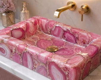 Luxuriöses Waschbecken aus rosa Achat – Handgefertigtes Aufsatzwaschbecken aus Edelstein – Quadratisches Achat-Waschbecken – Maßgefertigtes Waschtischwaschbecken – Natursteinbecken