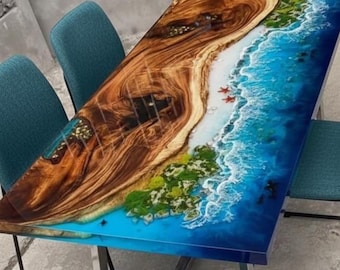 Modern Ocean Beach Epoxy Table Top | Live Edge Walnut Resin River Table | Realistic Wave Art Dining or Conference Table | Luxury epoxy table
