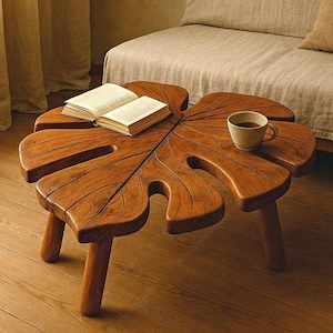 Handmade Leaf Design Wooden Coffee Table 15x12 Inch – Acacia Wood & Accent Table – Nature Inspired High Gloss Side Table – Unique Gift Decor