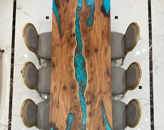 Turquoise Blue Epoxy River Dining Table – Live Edge Walnut Wood Slab | Modern Luxury Resin Art Dining Table | Custom Handmade Furniture