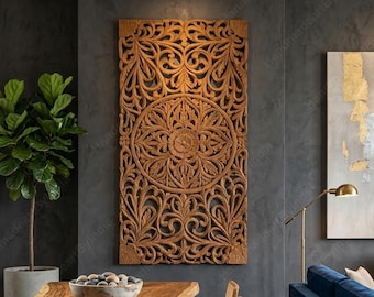 Handgesneden houten wandpaneel, mandala houten muurkunst, groot boho-muurdecor, bloemen gesneden muurhanger, rustieke houten kunstwerken, handgemaakt paneel