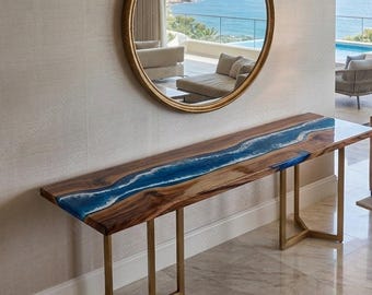 Ocean Resin Console Table, Blue Epoxy River Sofa Table, Live Edge Walnut Entryway Table, Coastal Console Table, Modern Table, Custom Resin
