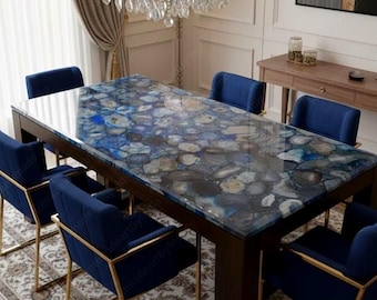 Tablero de comedor de ágata azul / Losa de piedra preciosa de geoda azul natural / Isla de cocina de piedra semipreciosa personalizada / Mesa de conferencia de cristal azul