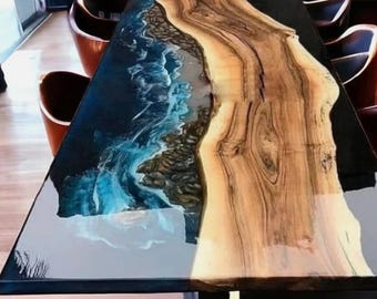 Handmade Epoxy Resin Ocean River Dining Table – Live Edge Wood & Resin Art Furniture | Acacia Wood and Epoxy Table Top | resin river table