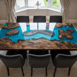 Mesa de comedor de resina turquesa de río hecha a mano: madera de borde natural con diseño de epoxi con vista a la isla / Mesa artesanal de lujo