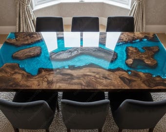 Handmade Turquoise Resin River Dining Table – Live Edge Wood with Island-View Epoxy Design | Luxury Artisan Statement Table