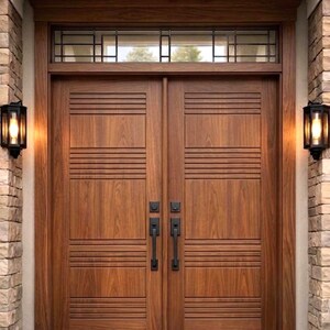 Porta d'ingresso in teak massello su misura – Porta d'ingresso moderna a doppia anta in legno con doghe – Porta esterna di lusso minimalista – Porta principale in legno realizzata a mano