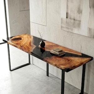 Black Epoxy Resin Desk | Live Edge Wood Console Table | Industrial Modern Office Desk | Handmade Wood & Resin Computer Desk | Entryway Table