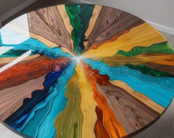 Round Rainbow Epoxy Resin Dining Table – Sunburst Wood & Resin Art Table, Colorful Modern Statement Furniture, High Gloss Custom Slab Table