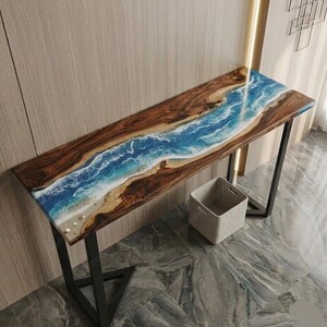 Ocean Resin River Console Table Top – Live Edge Walnut Hallway Table – Blue Beach Wave Epoxy Wood Console – epoxy Custom Table