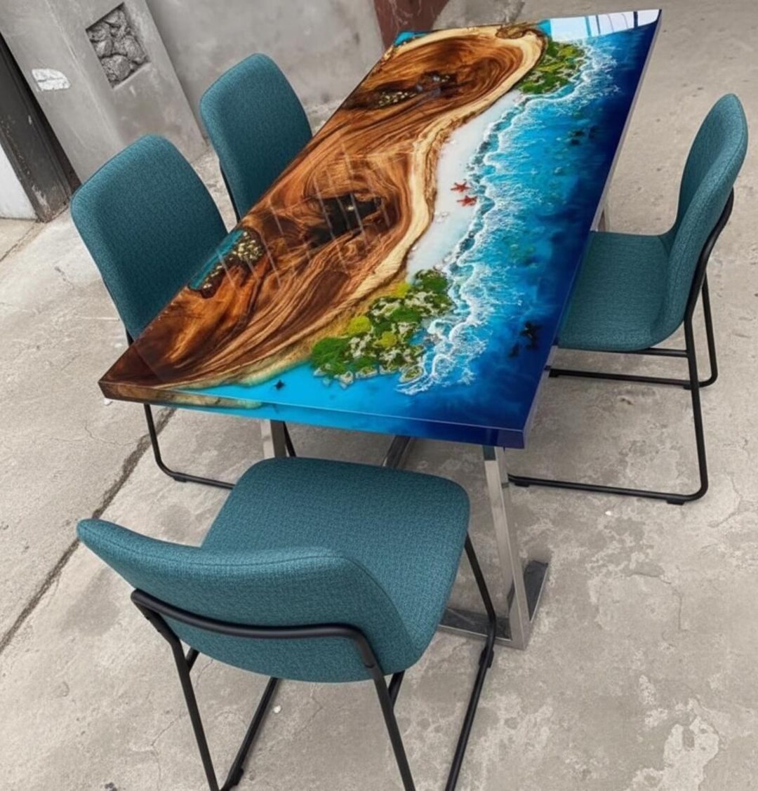 Modern Ocean Beach Epoxy Table Top | Live Edge Walnut Resin River Table ...