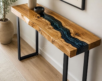 Mesa consola de resina epoxi negra con tablero de nogal natural • Muebles de lujo para recibidor • Mesa de resina hecha a mano • Mesa auxiliar moderna para sofá