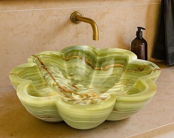 Green Agate Flower Vessel Sink | Handcrafted Gemstone Bathroom Basin | Luxury Agate Vanity Sink | Natural Stone Countertop Wash Bowl