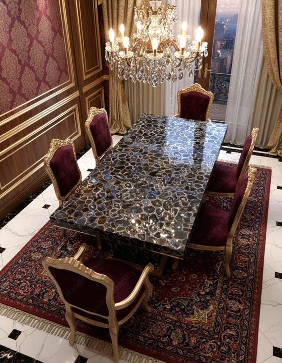 Handcrafted Natural Black Agate Table - Dark Grey Crystal Mosaic Slab - One-of-a-Kind Gemstone Countertop - Moody Luxury Home Decor , table