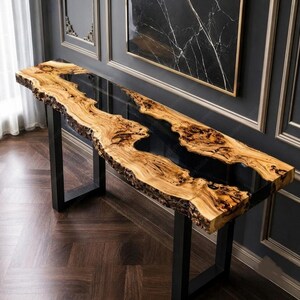 Custom Black Epoxy Console Table – Live Edge Wood Resin Console Table – Handmade Entryway Table – Modern Hallway Furniture – Console Table