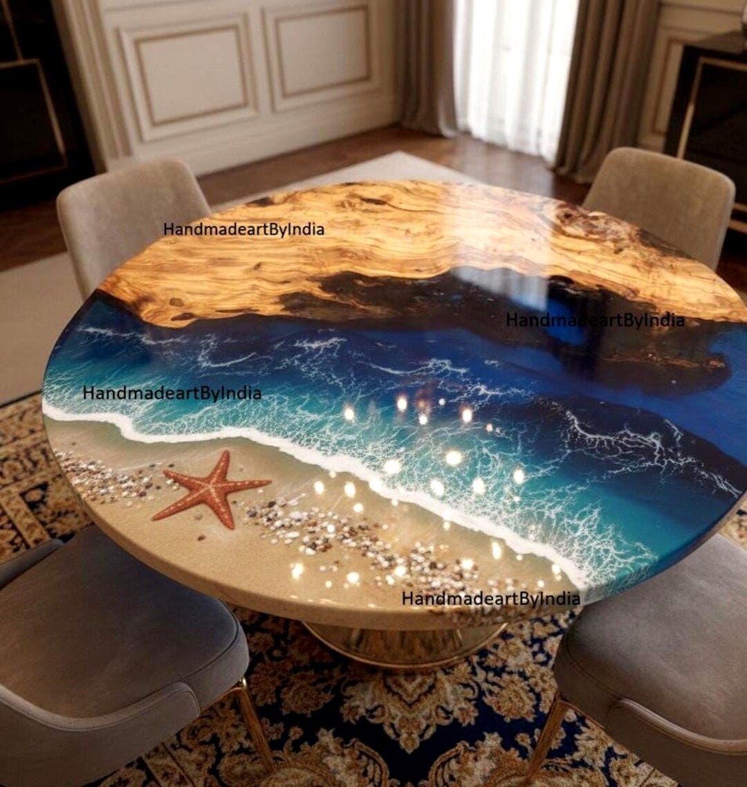 Ocean Blue Epoxy Table, Ocean Wave Epoxy Resin Round Dining Table Top ...