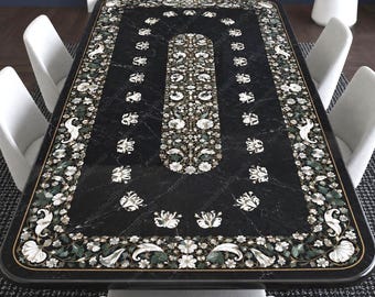 Rectangular Pietra Dura Marble Table – Mother of Pearl Floral Inlay Coffee Table – Luxury Handmade Custom Marble , Black Marble Dining Table