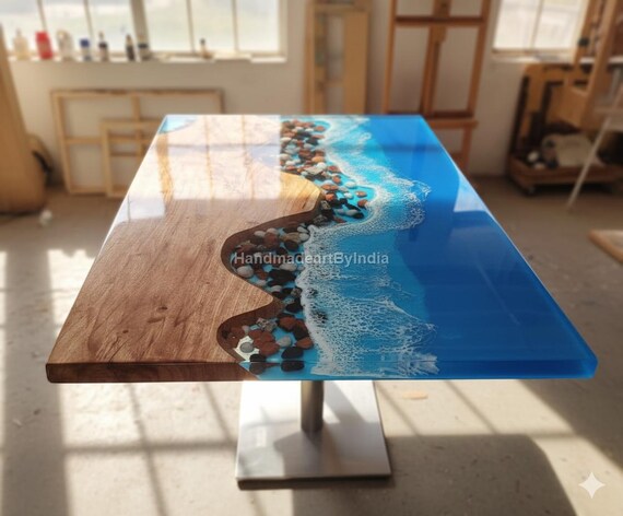 Ocean Wave Epoxy Table Top | Live Edge Wood & Blue Resin Coffee Table | Handmade River Table | Custom Epoxy Art Furniture, epoxy table