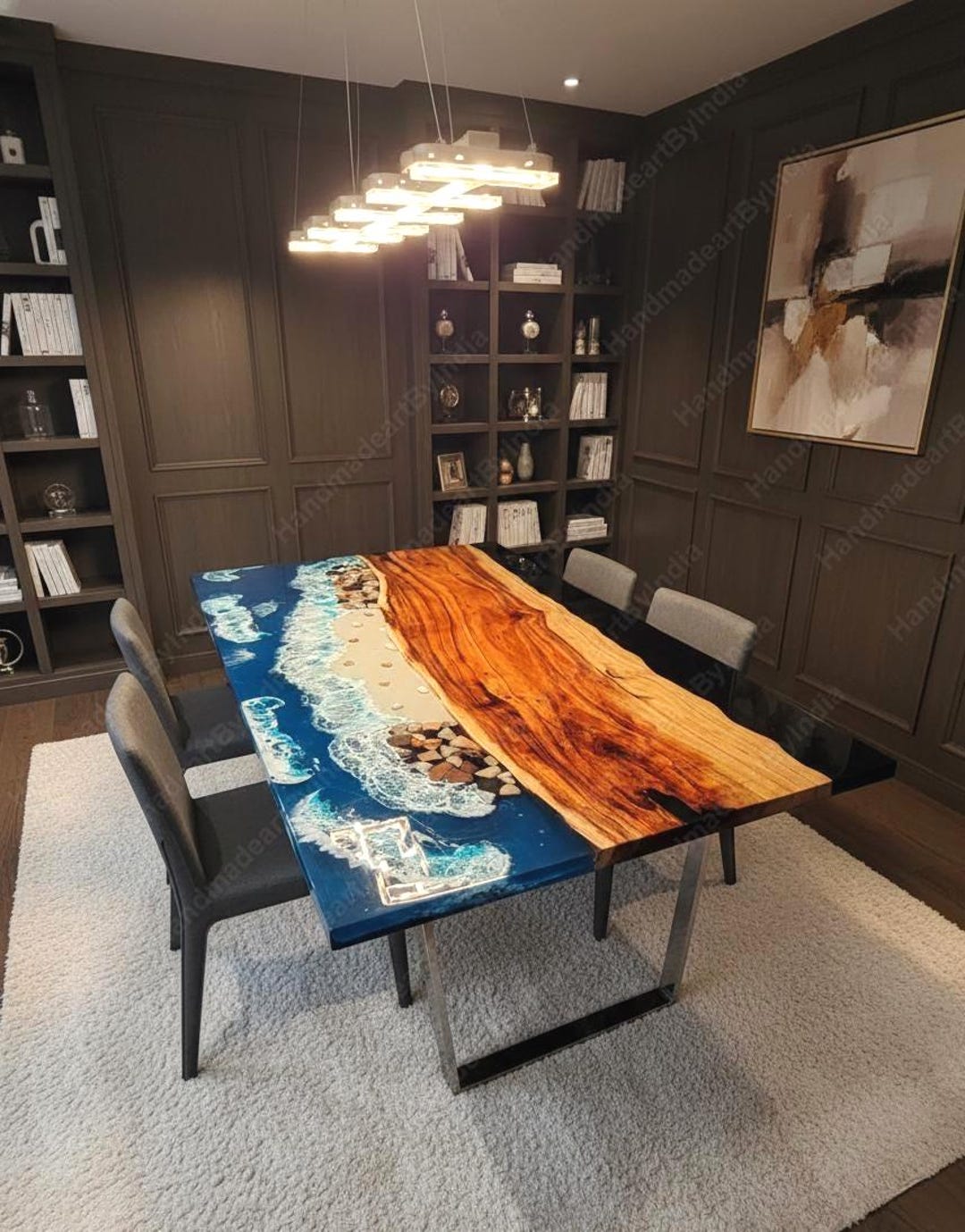 Custom Ocean Resin Dining Table | Live Edge Olive Wood River Table ...