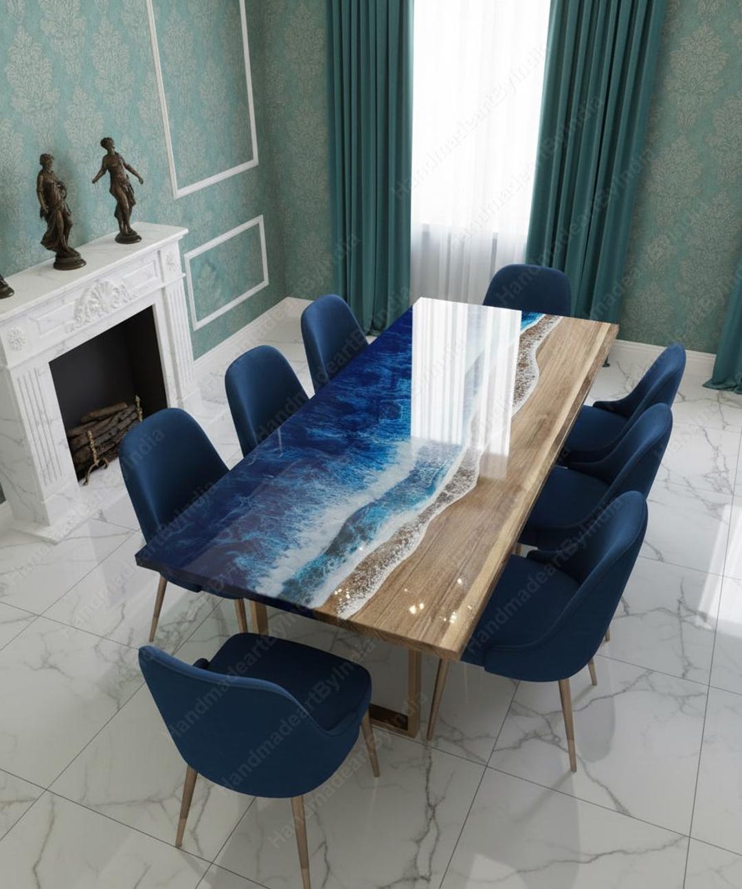 Live Edge Ocean Wave Resin Dining Table Top: Coastal Wood Art | Acacia ...