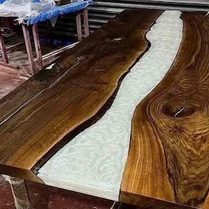 size 60x24&quot; Live Edge Walnut River Dining Table: White Epoxy Resin, Rustic Modern
