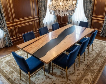 Live Edge Black Epoxy Resin Table Top | Handmade Solid Wood River Table | Modern Luxury Furniture, Custom Wood and handmade Epoxy Table Top