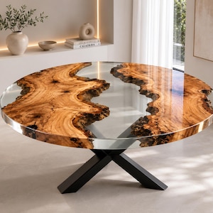 Moderne ronde epoxy eettafel, live edge wortelnotenhout riviertafel, op maat gemaakte helder hars keukentafelblad, handgemaakte moderne houten eetkamertafels