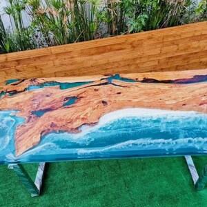 Ocean Wave Epoxy Resin Coffee Table: Live Edge Wood Coastal Decorate | Handmade Acacia Epoxy Dining Table Top | High-Gloss Resin Finish