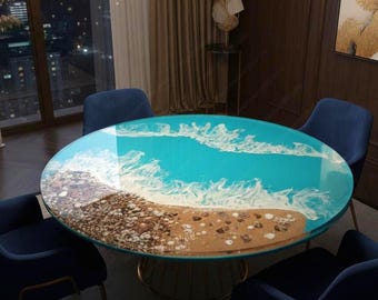 Ocean Wave Epoxy Resin Coffee Table – Round Handmade Beach Art Table with Real Stones & Sea Foam Design – Coastal Home Décor , ROUND TABLE