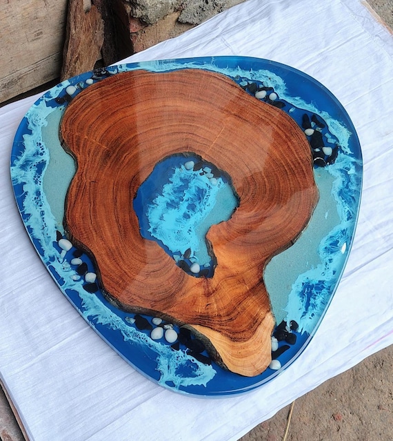 Ocean Wave Epoxy Resin Coffee Table, Edge Wood River Table