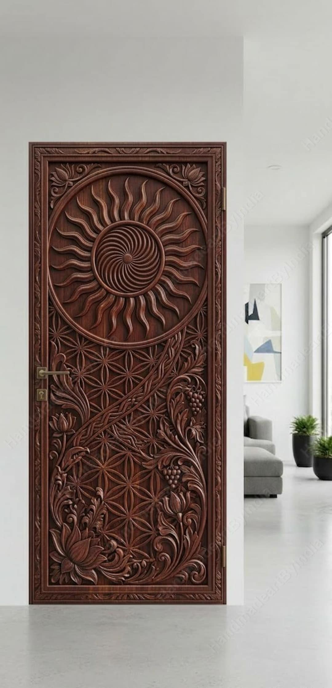 Image result for Custom Sunburst Wood Door, Hand Carved 3D Floral Entry Door, Lotus Vine ...