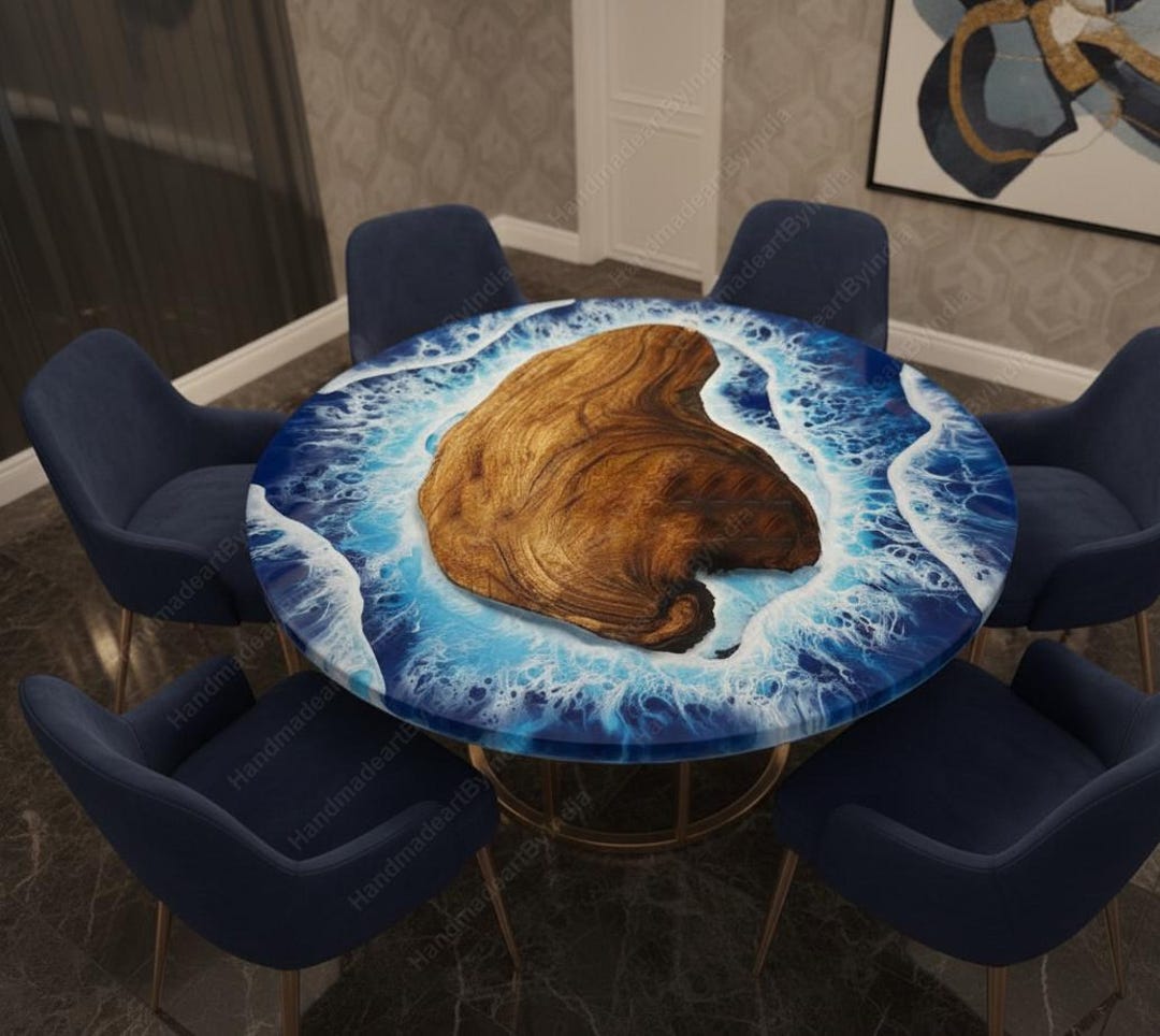 Custom Blue Ocean Wave Epoxy Table | Round Live Edge Wood Dining Table ...