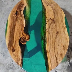 18&quot; Live Edge Wood and Emerald Green River Coffee Table