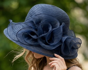 Organzahoed voor dames, kerkhoed met brede rand, elegante bloemenderbyhoed, hoed bruiloft Tea Party