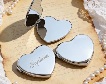 Personalized Engraved Heart Compact Mirror, Custom Silver Pocket Makeup Mirror, Gift for Her