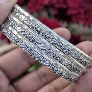 手彫り花柄スターリングシルバーバングルセット • ヴィンテージ