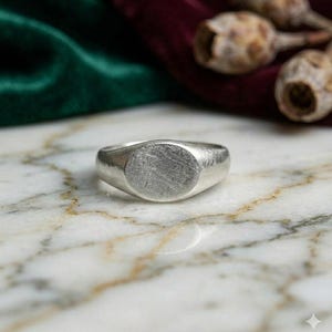 以下が含まれることがあります： 円形の顔と起毛した金属の質感を持つシルバーのシグネットリング。 リングは、緑とブルゴーニュの背景を持つ大理石の表面に置かれています。