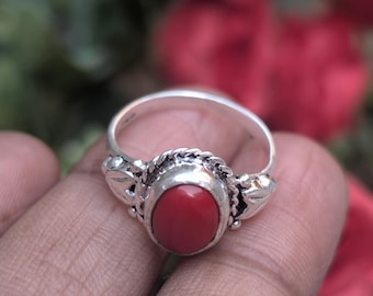Anel de Prata de Lei com Pedra de Coral Vermelho | Anel Vintage Artesanal