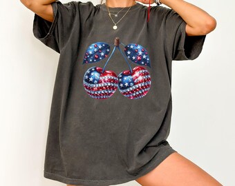 Comfort Colors® 4th of July Shirt, Coquette American Flag Shirt, USA Bow Shirt, USA Cherry Shirt, Women Patriotic Shirt, Red White and Blue