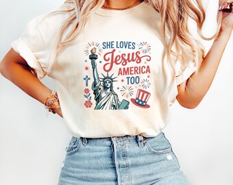Maglietta cristiana patriottica Comfort Colors©, Ama Gesù e anche l'America, Maglietta del 4 luglio, Maglietta del 4 luglio, Maglietta da donna patriottica degli Stati Uniti