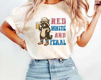 Camiseta divertida del 4 de julio de Comfort Colors®, divertida camiseta de mapache, camiseta del Día de la Independencia, camiseta patriótica de mapache, camiseta roja, blanca y salvaje