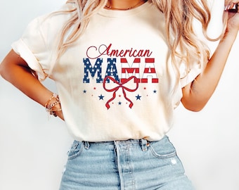 Comfort Colors® 4 juli mamma-tröja, kokett amerikansk flaggskjorta, USA-rosettskjorta, mamma 4 juli-tröja, amerikansk flaggskjorta för mamma, USA-mamma