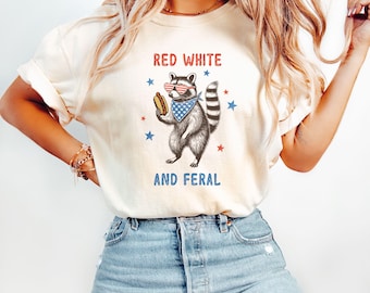 Camiseta divertida del 4 de julio de Comfort Colors®, divertida camiseta de mapache, camiseta del Día de la Independencia, camiseta patriótica de mapache, camiseta roja, blanca y salvaje