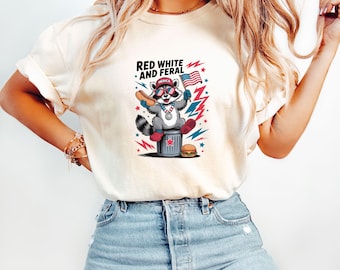 Camiseta divertida del 4 de julio de Comfort Colors®, divertida camiseta de mapache, camiseta del Día de la Independencia, camiseta patriótica de mapache, camiseta roja, blanca y salvaje